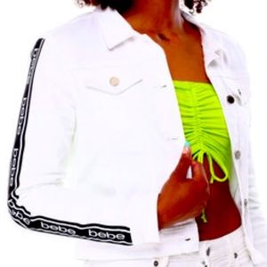 NWT!!! Women’s stylish denim jacket by BeBe; sz L; fashion arm sleeve stripe